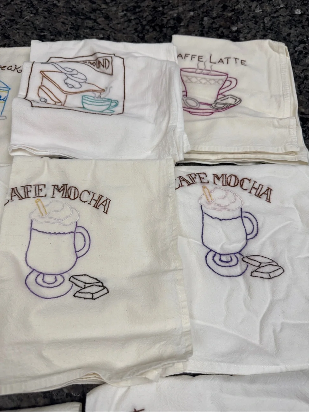 Embroidered cotton flour sack Coffee Kitchen Towels - White (Set) cheesecloth NE